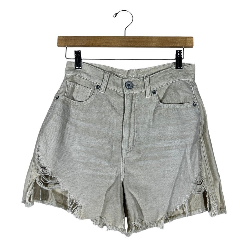 American Eagle Highest Rise Mom Distressed Denim Shorts Tan Khaki Boho Size 2